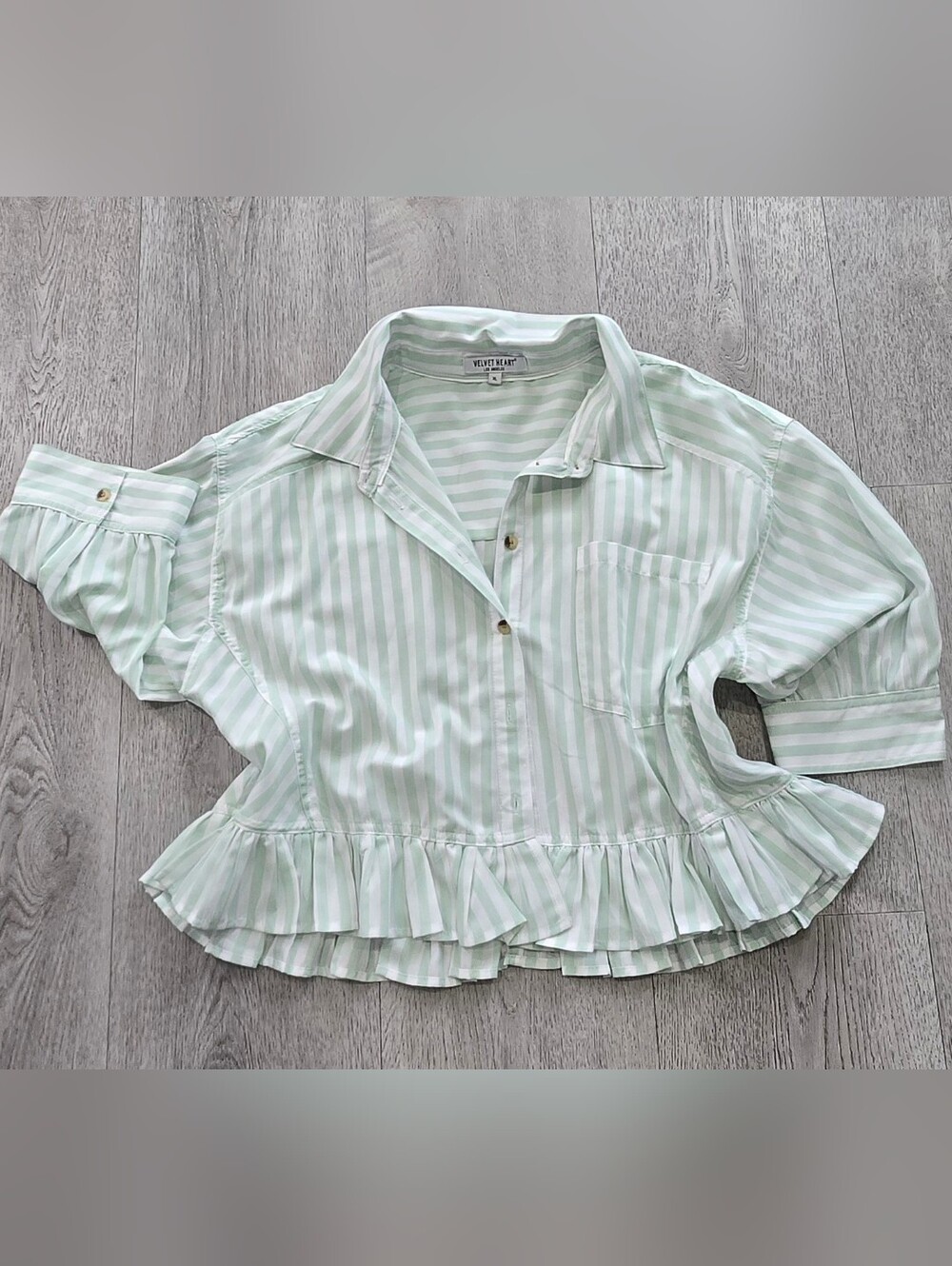 Velvet Heart Striped Cotton Blouse XL Mint Green Ruffle Hem Button Front